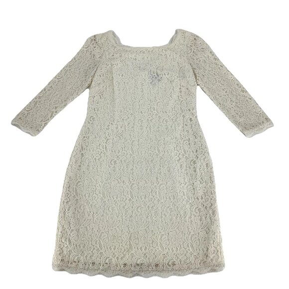 Adrianna Papell Womens Sz 8 EU 40 Lace Overlay 3/4-Sleeve Lace Ivory Scalped Hem - Picture 1 of 11